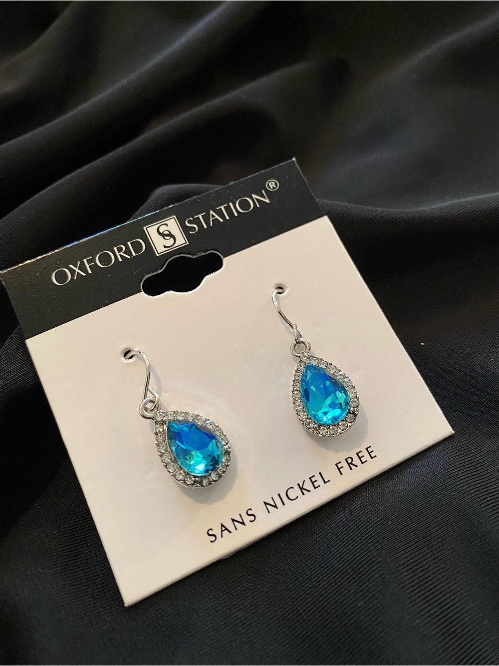 Teardrop Blue Crystal Dangle Earrings - Nickel Free